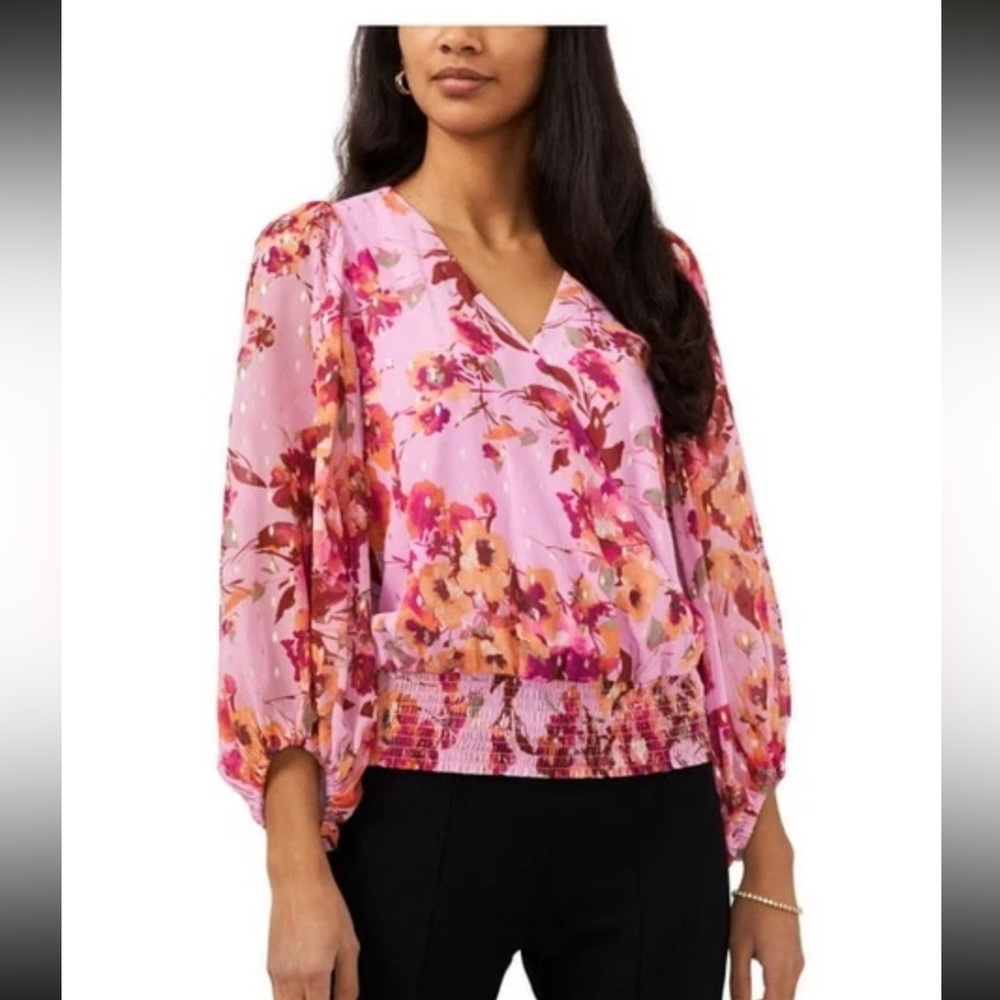 MSK Womens Plus Pink Floral Metallic Print Chiffon Top Blouse Size 2X